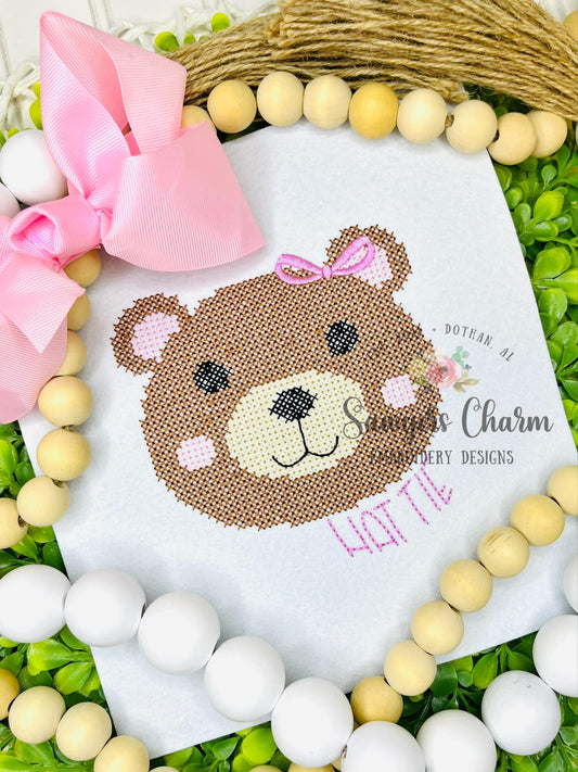 BUNDLE Cross stitch teddy bear machine embroidery design file, includes coquette bow, vintage stitch
