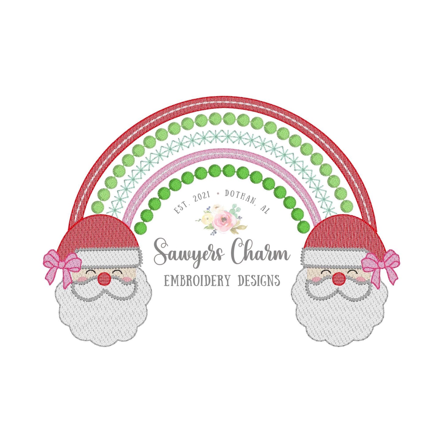 Santa Claus with bows rainbow sketch stitch machine embroidery design