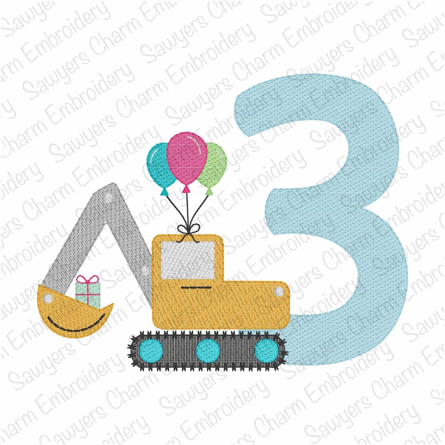 Third birthday excavator with balloons & gift/present sketch stitch machine embroidery design, construction, transportation, city vehicle