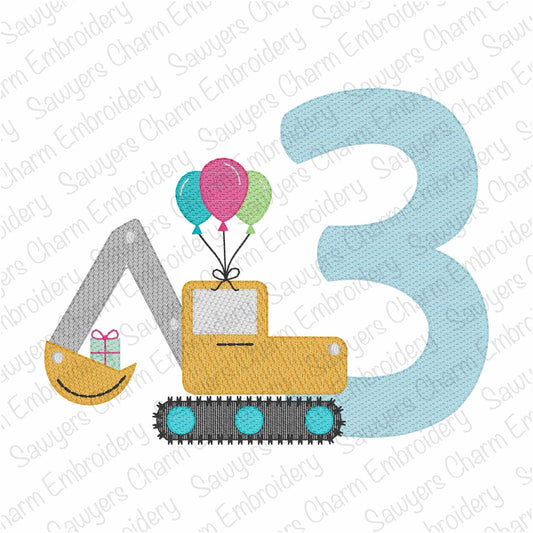Third birthday excavator with balloons & gift/present sketch stitch machine embroidery design, construction, transportation, city vehicle