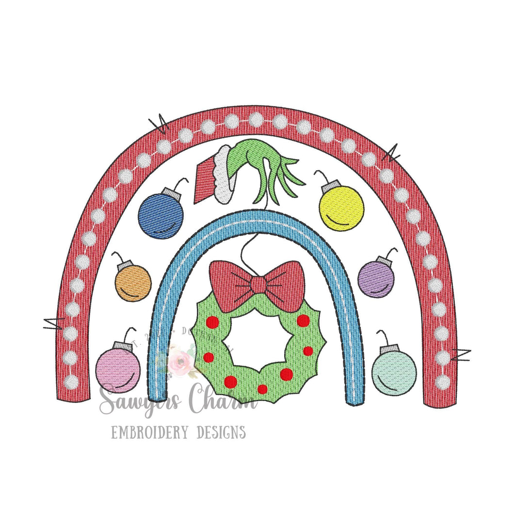 Grinch Christmas ornament with wreath rainbow sketch stitch machine embroidery design