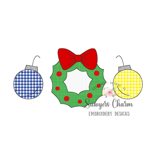 Christmas wreath and ornaments trio bean stitch machine applique design