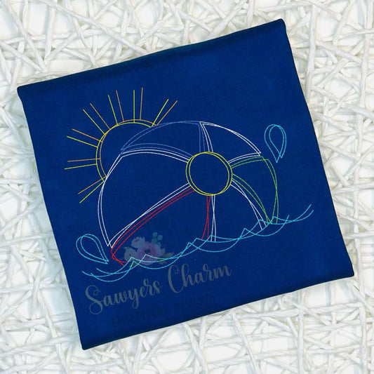 Beach ball with water/waves squiggly bean stitch machine embroidery design file, summer nautical beach, surfing, sand
