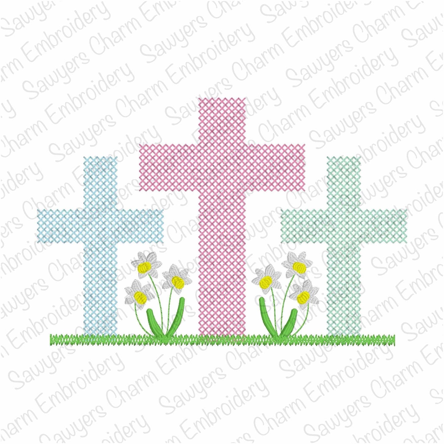 Cross-stitch cross trio machine embroidery design, vintage stitch, Easter Sunday, daffodil flowers