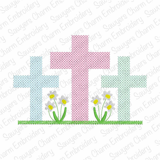 Cross-stitch cross trio machine embroidery design, vintage stitch, Easter Sunday, daffodil flowers