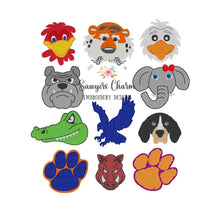 Load image into Gallery viewer, BUNDLE Mini fill mascots machine embroidery design file, tiger, elephant, bulldog, eagle, hound dog, paw print, gator, razorback, game cock, longhorn
