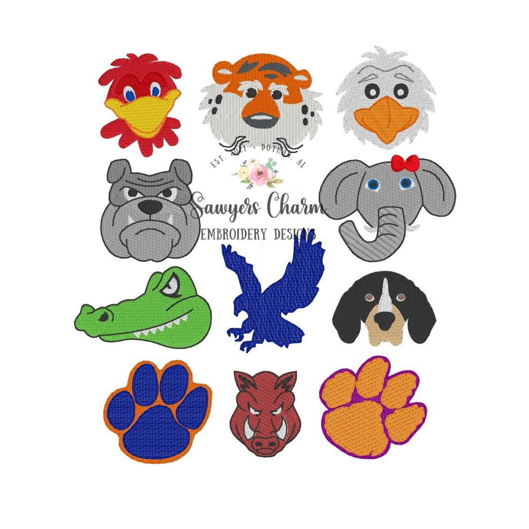 BUNDLE Mini fill mascots machine embroidery design file, tiger, elephant, bulldog, eagle, hound dog, paw print, gator, razorback, game cock, longhorn
