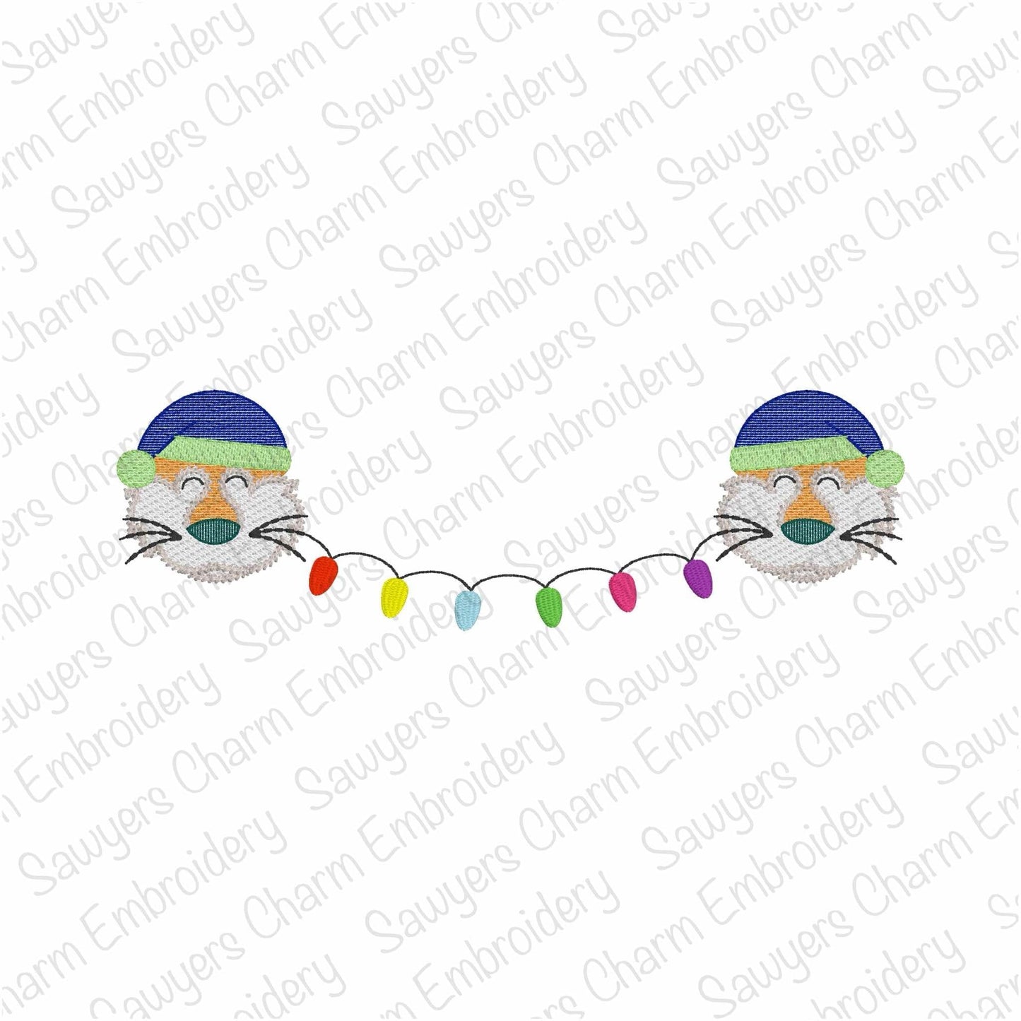 Santa Tiger mascot with Christmas lights bunting banner sketch stitch machine embroidery design, zoo animal, quick stitch, sports, football