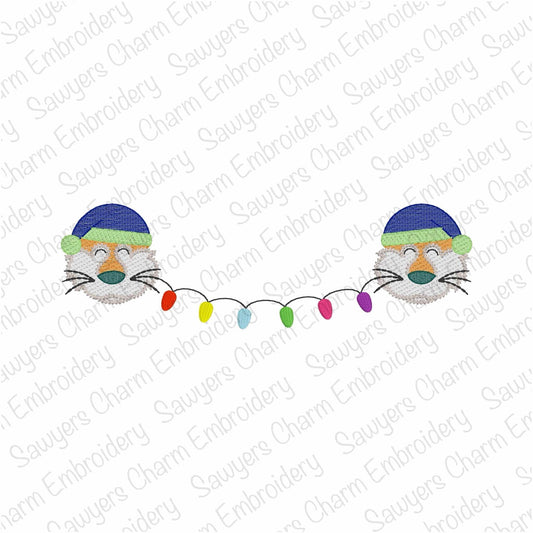 Santa Tiger mascot with Christmas lights bunting banner sketch stitch machine embroidery design, zoo animal, quick stitch, sports, football
