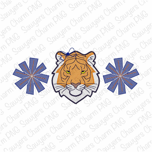 PNG faux embroidery Tiger head & pom poms, Printable file-Sublimation-Heat Transfer Design-Digital Clipart-Football cheer sports mascot