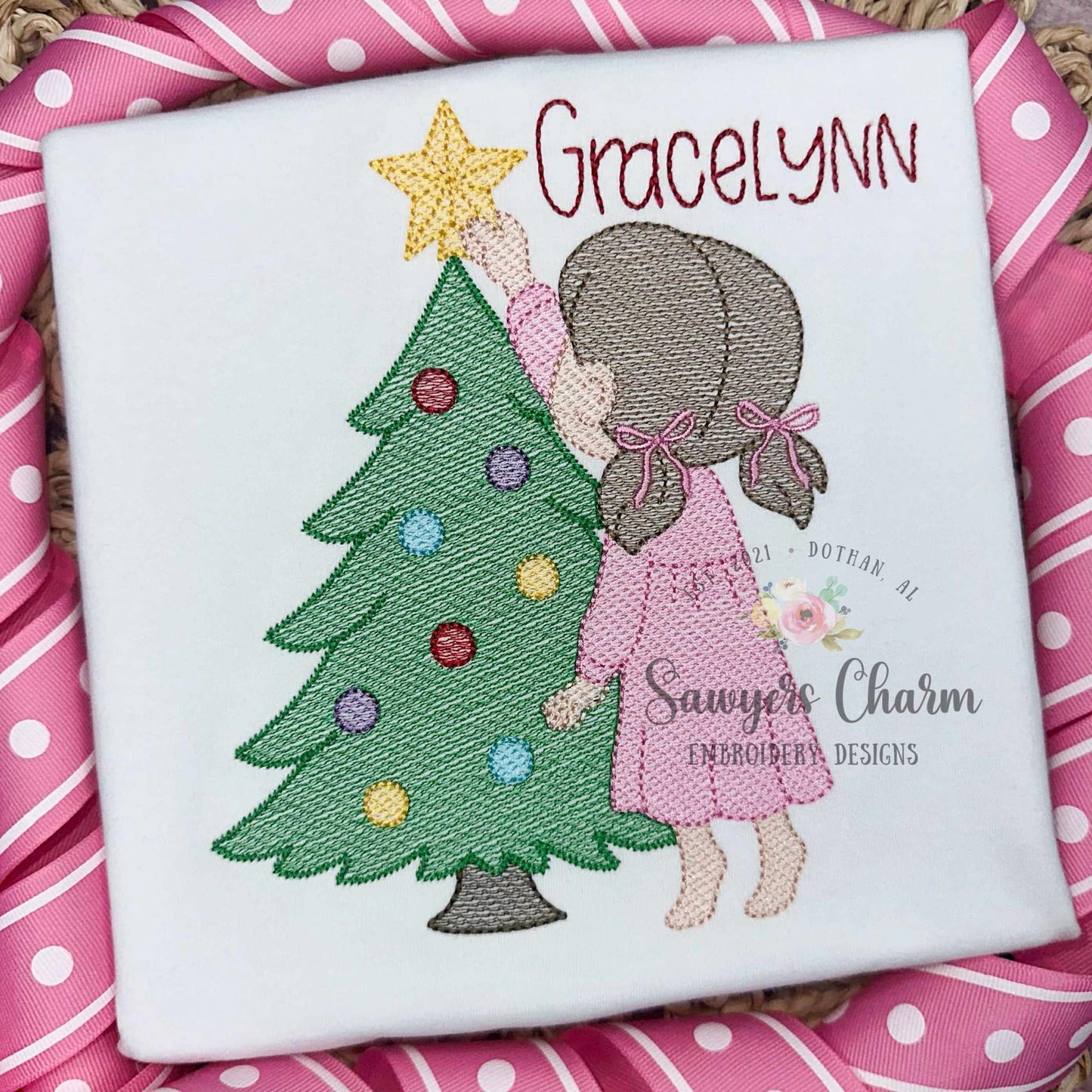 Little girl putting star on Christmas tree sketch stitch machine embroidery design, happy holidays, Merry Christmas, ornaments, coquette bow