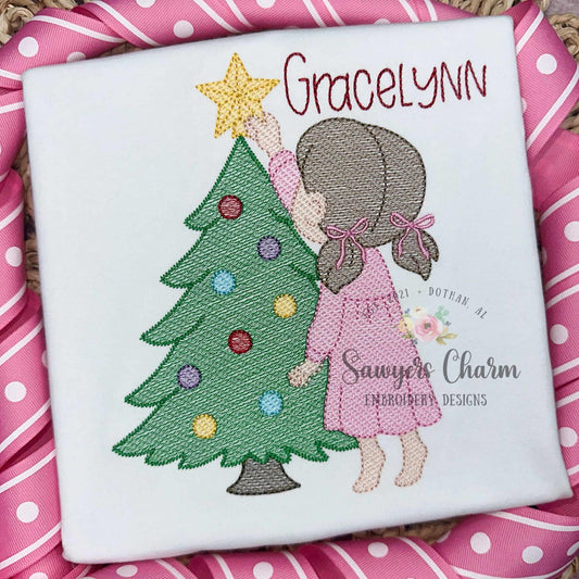 Little girl putting star on Christmas tree sketch stitch machine embroidery design, happy holidays, Merry Christmas, ornaments, coquette bow