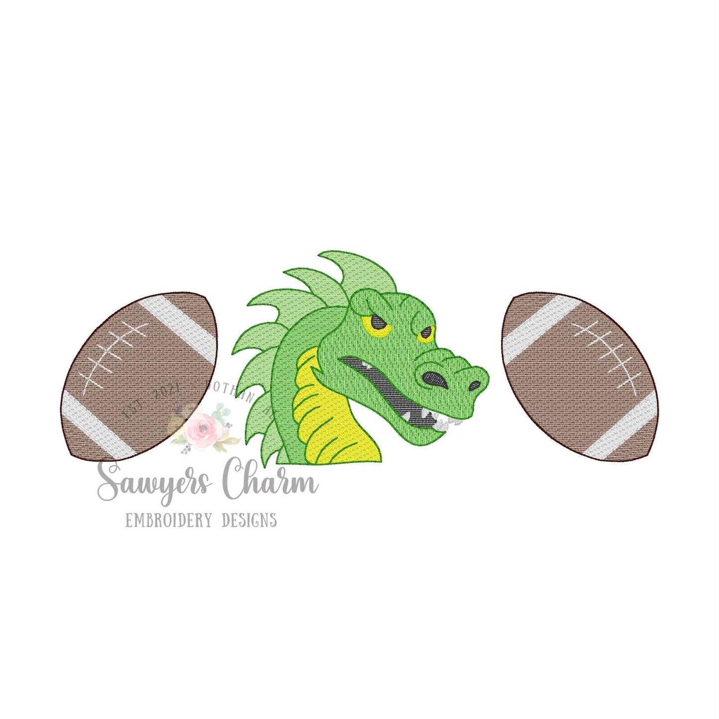 Dragon and footballs trio, sketch stitch embroidery design, fall sports mascot