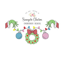 Load image into Gallery viewer, Grinch hand with lights, wreath, and ornaments bunting banner sketch stitch machine embroidery design
