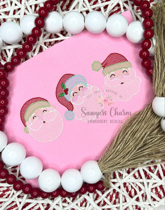 Santa Claus trio sketch stitch machine embroidery design, happy holidays, Merry Christmas, holly berries, ho ho ho, saint nicholas