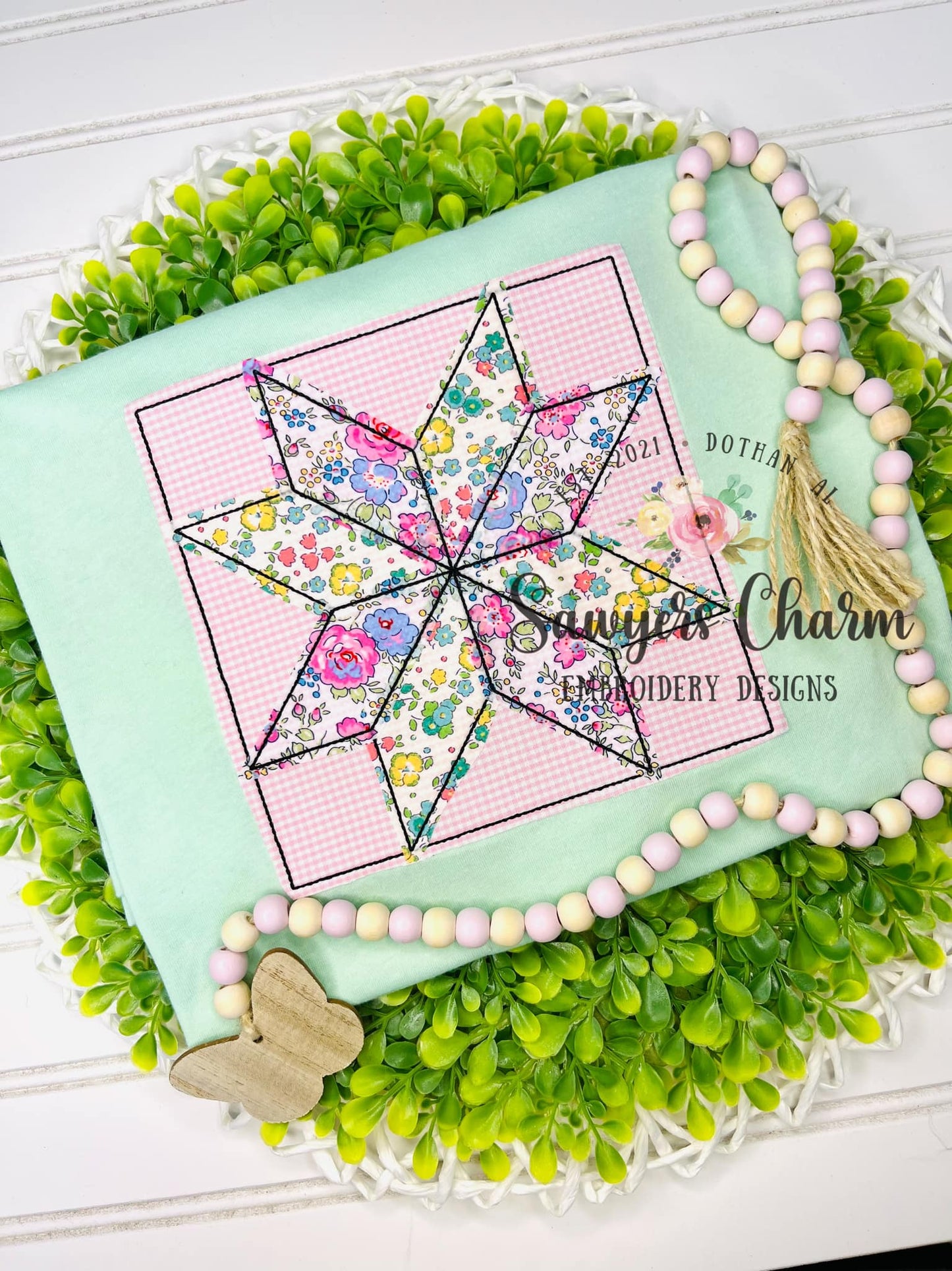 Star quilt block bean stitch machine applique, embroidery design, vintage quilt square