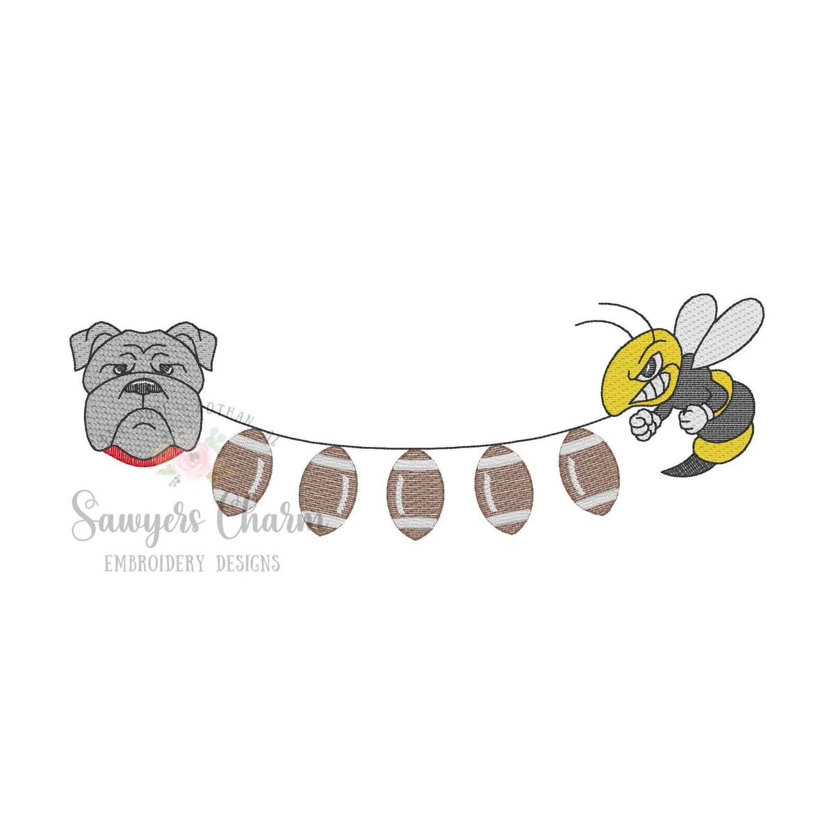 Bulldog & Yellow jackets mascot with football bunting, sketch stitch embroidery design, house divided, fall sports