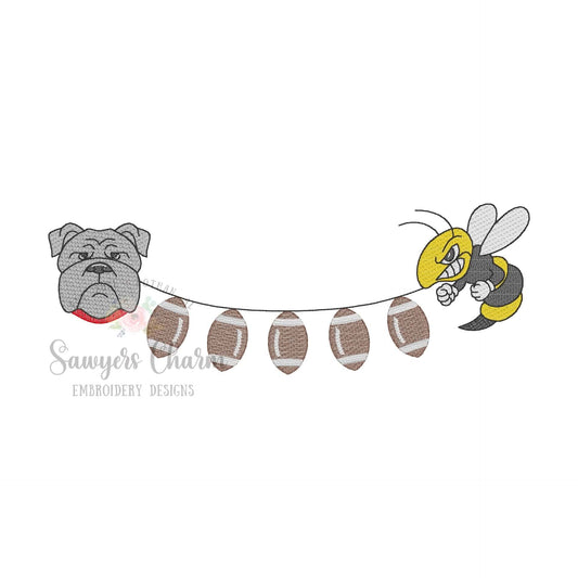 Bulldog & Yellow jackets mascot with football bunting, sketch stitch embroidery design, house divided, fall sports