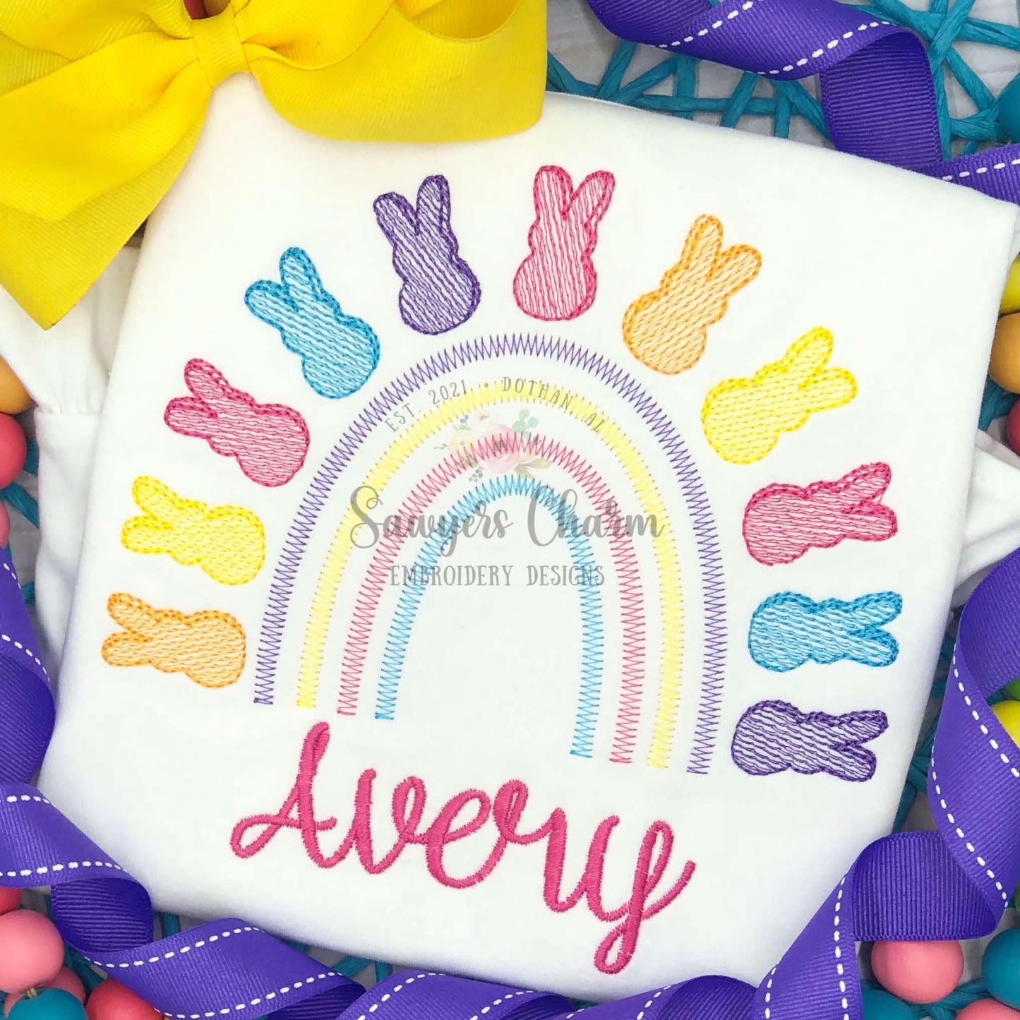 Easter peeps candy rainbow sketch stitch machine embroidery design, bunny rabbit, spring, zig zag