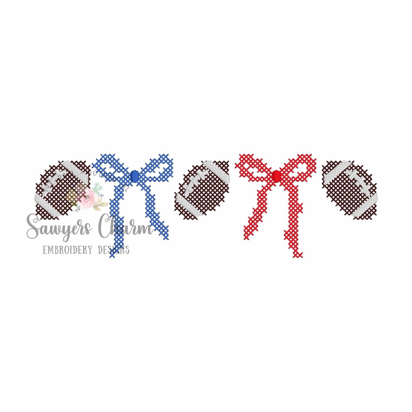 Coquette Bows & footballs cross-stitch, embroidery design, Larger sizes included, perfect for sports fan/mom, trendy cheer