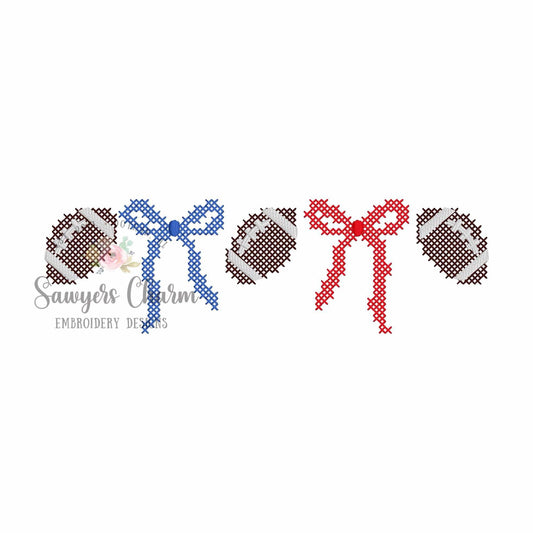 Coquette Bows & footballs cross-stitch, embroidery design, Larger sizes included, perfect for sports fan/mom, trendy cheer