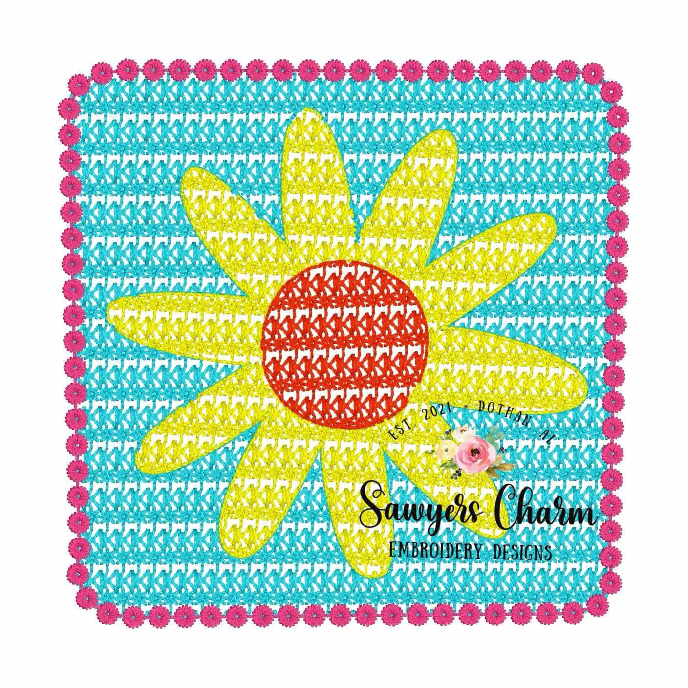 Crochet granny square with daisy flower machine embroidery design, vintage stitch boho quilt design
