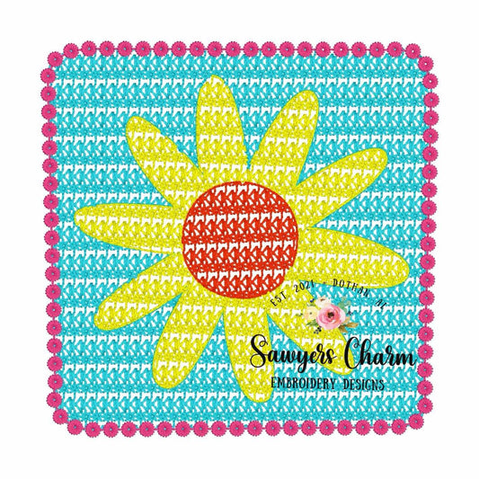 Crochet granny square with daisy flower machine embroidery design, vintage stitch boho quilt design