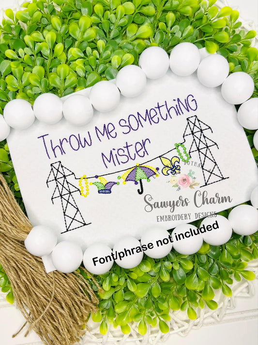 Transmission tower lineman Mardi Gras bunting banner, sketch stitch machine embroidery design, parade, fleur de lis, hat & beads, power line