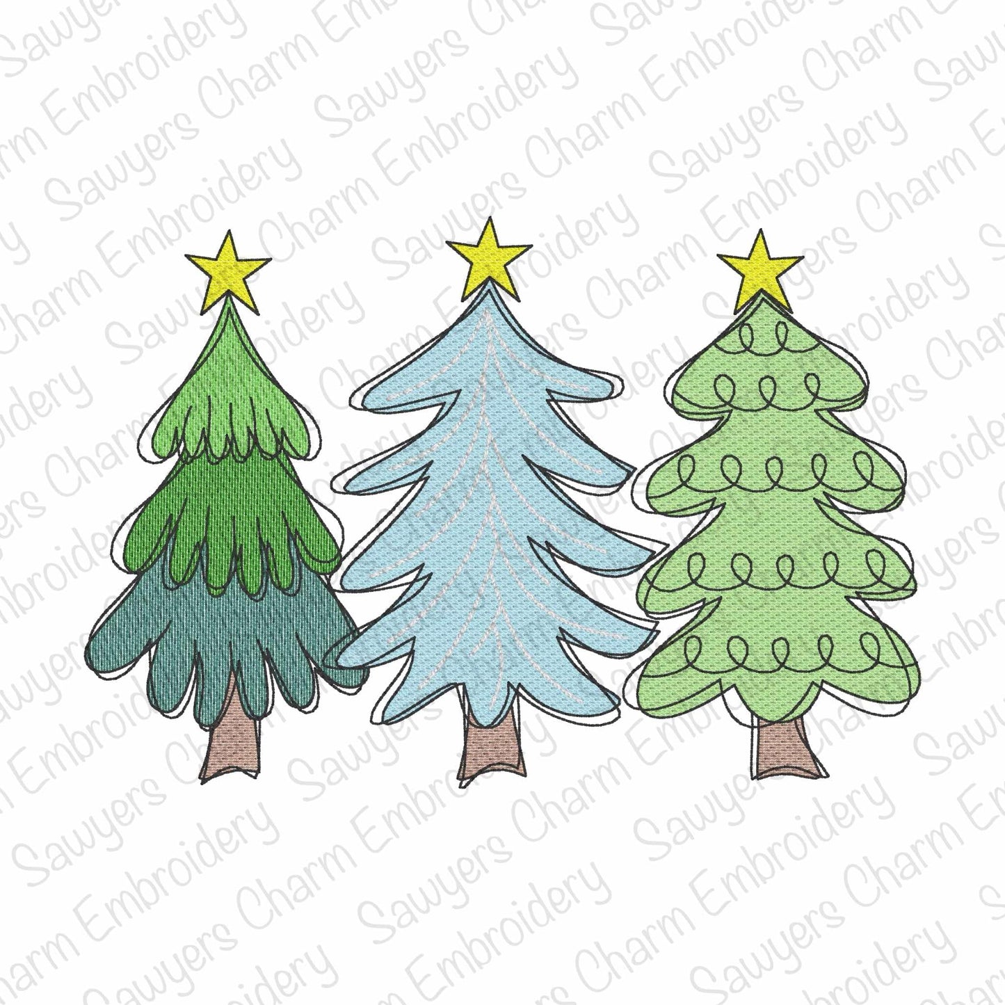 Whimsical Christmas trees trio with stars sketch stitch machine embroidery design, Woodland, boho, modern, trendy, preppy, happy holidays