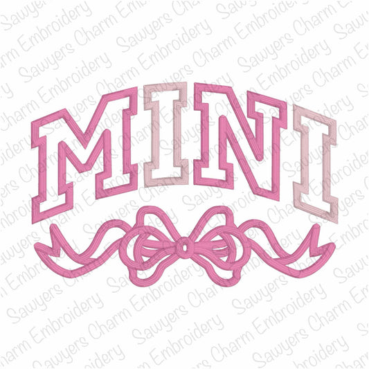 MINI with coquette bow satin stitch machine applique, embroidery design, Mother's Day, athletic style letters