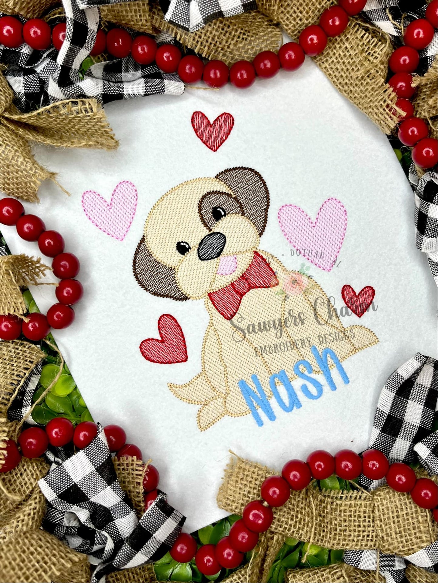 Puppy dog with bow tie & hearts sketch stitch machine embroidery design