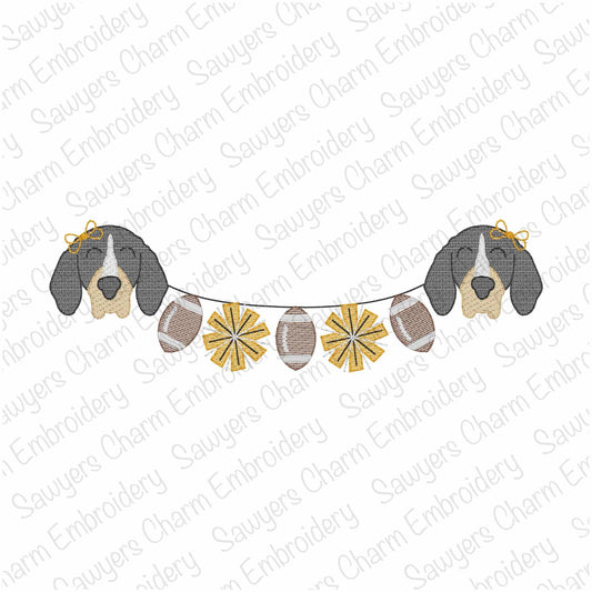 Hound dog mascot footballs pompom bunting banner, sketch stitch machine embroidery design, quick stitch, college sports, cheer, coquette bow