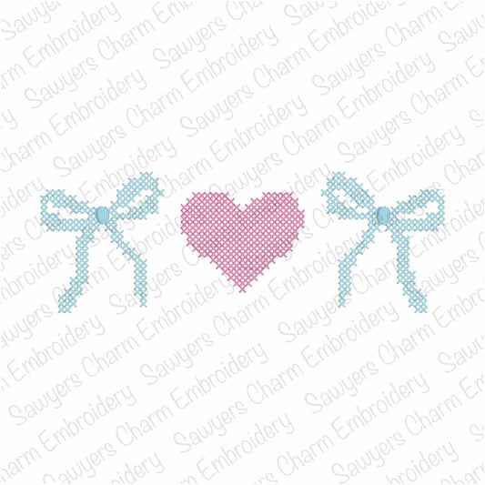 Cross stitch coquette bows & heart trio machine embroidery design file, Valentine's day, vintage stitch
