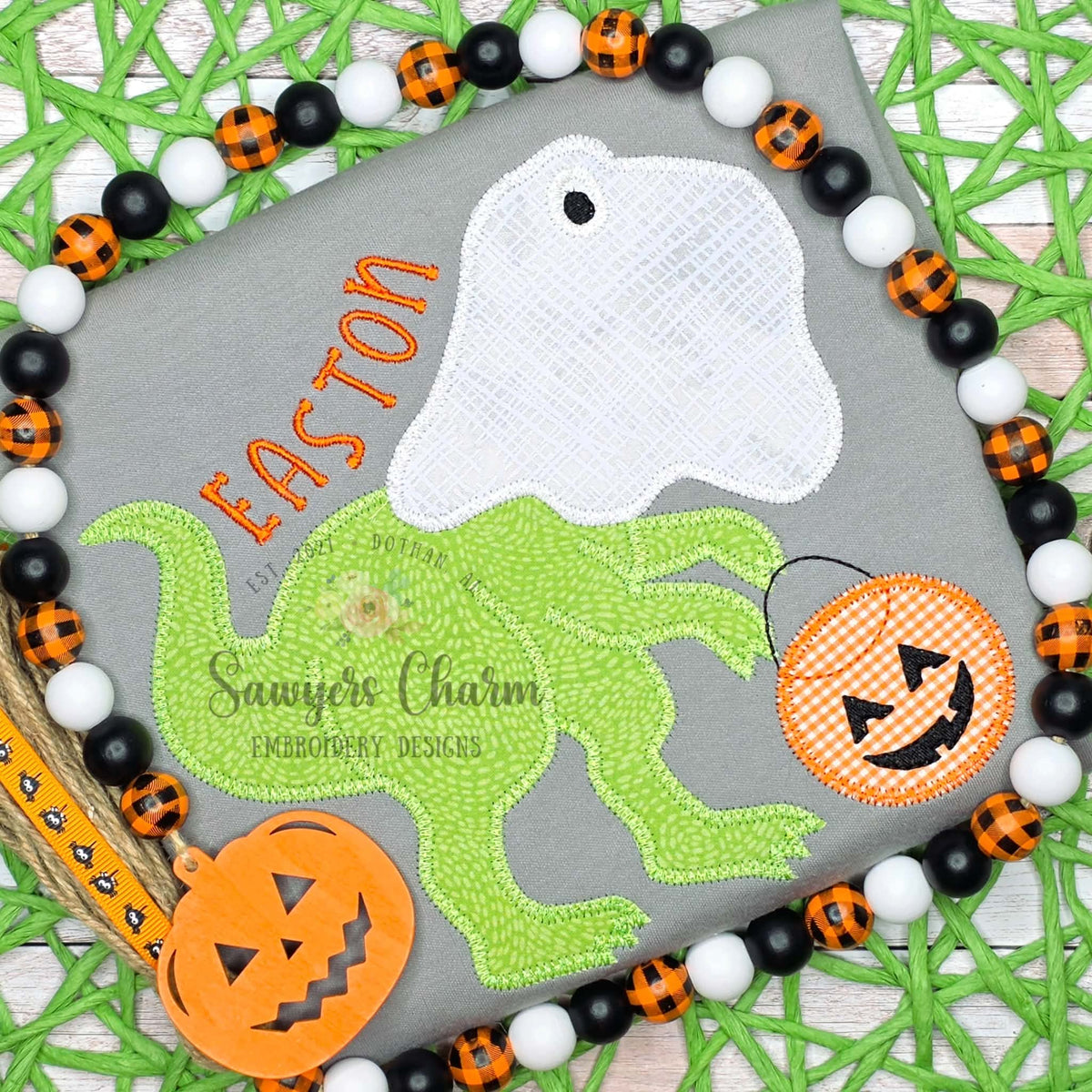 T-Rex ghost trick or treating zigzag stitch applique, machine embroidery design file, jackolantern pumpkin dinosaur dino spooky candy bucket