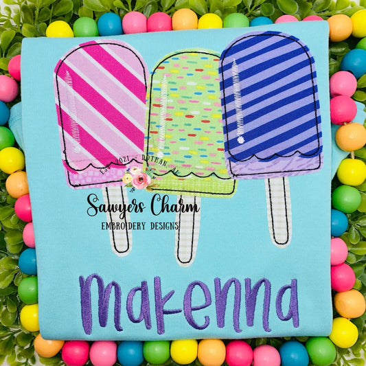 BUNDLE Popsicle trio with sprinkles bean stitch & zigzag stitch applique machine embroidery design file, summer, spring, snacks, ice cream