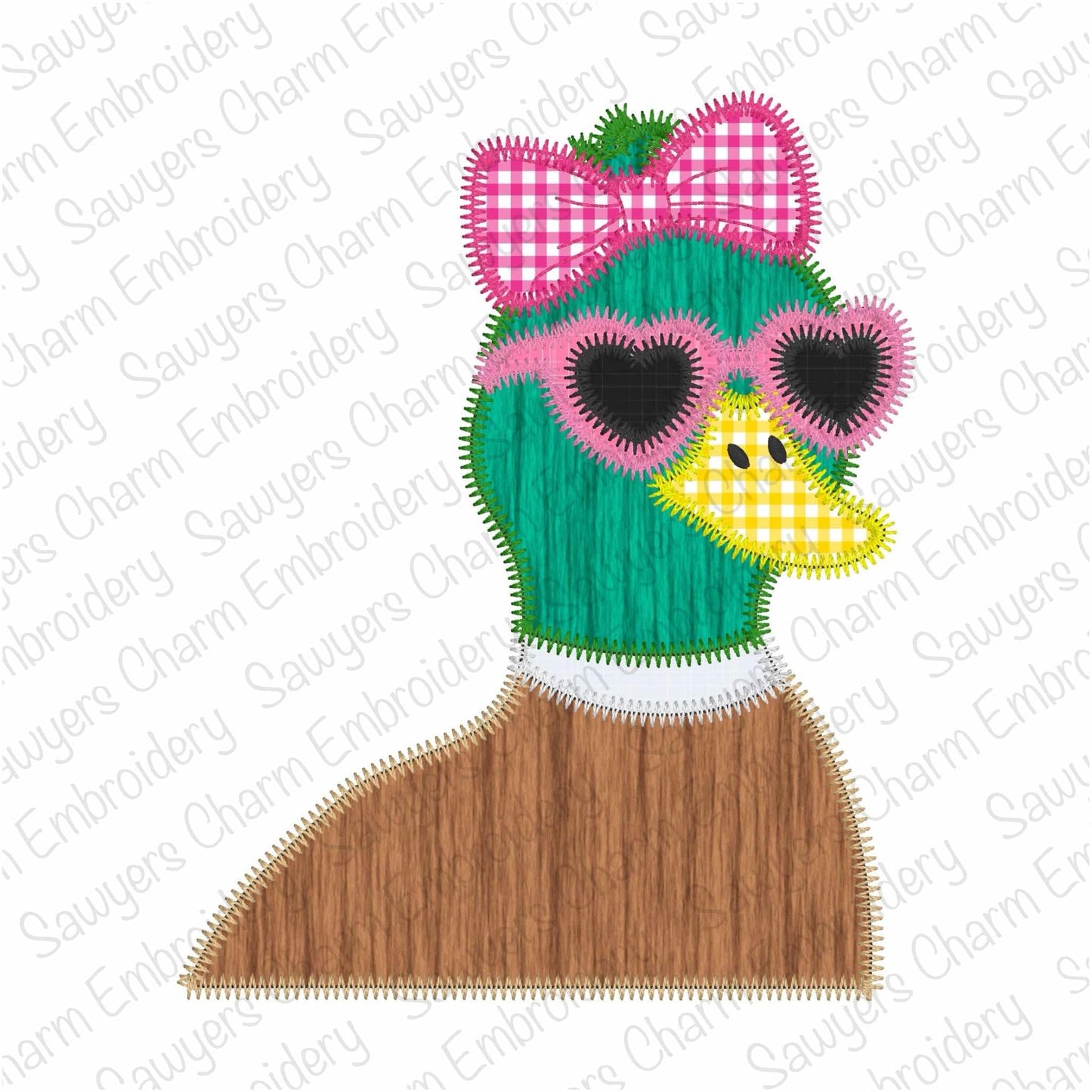 BUNDLE Valentine's Day Mallard duck with coquette bow and heart sunglasses bean & zig zag stitch machine applique embroidery design