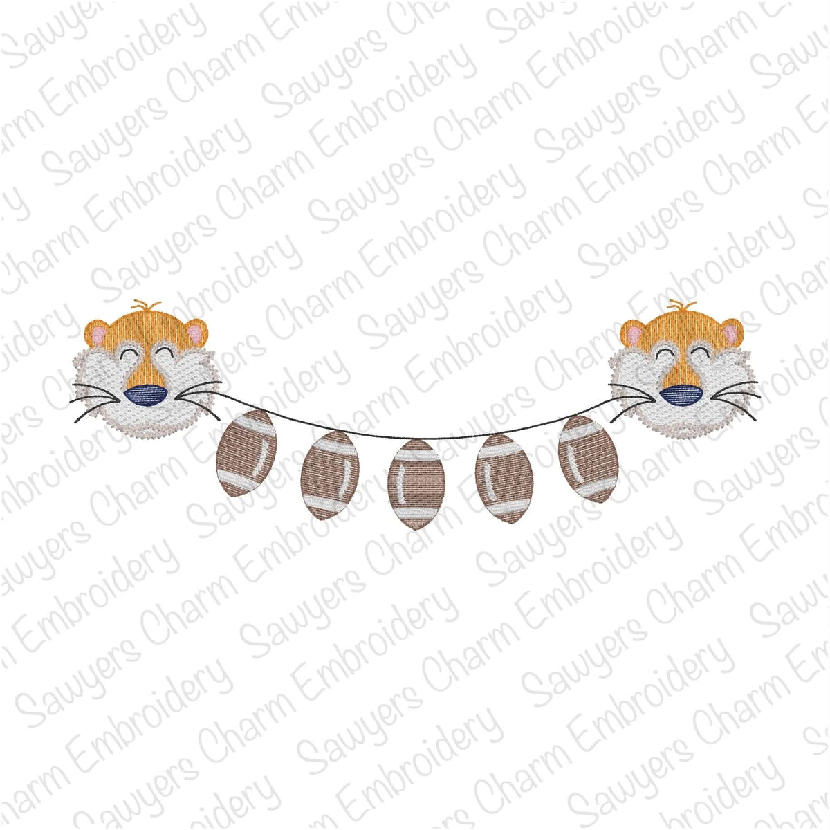 Tiger with footballs bunting banner, sketch stitch embroidery design, fall sports mascot