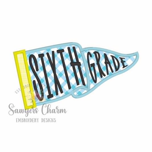 Sixth Grade Pennant satin stitch applique, with coquette bow, ITH project, back to school