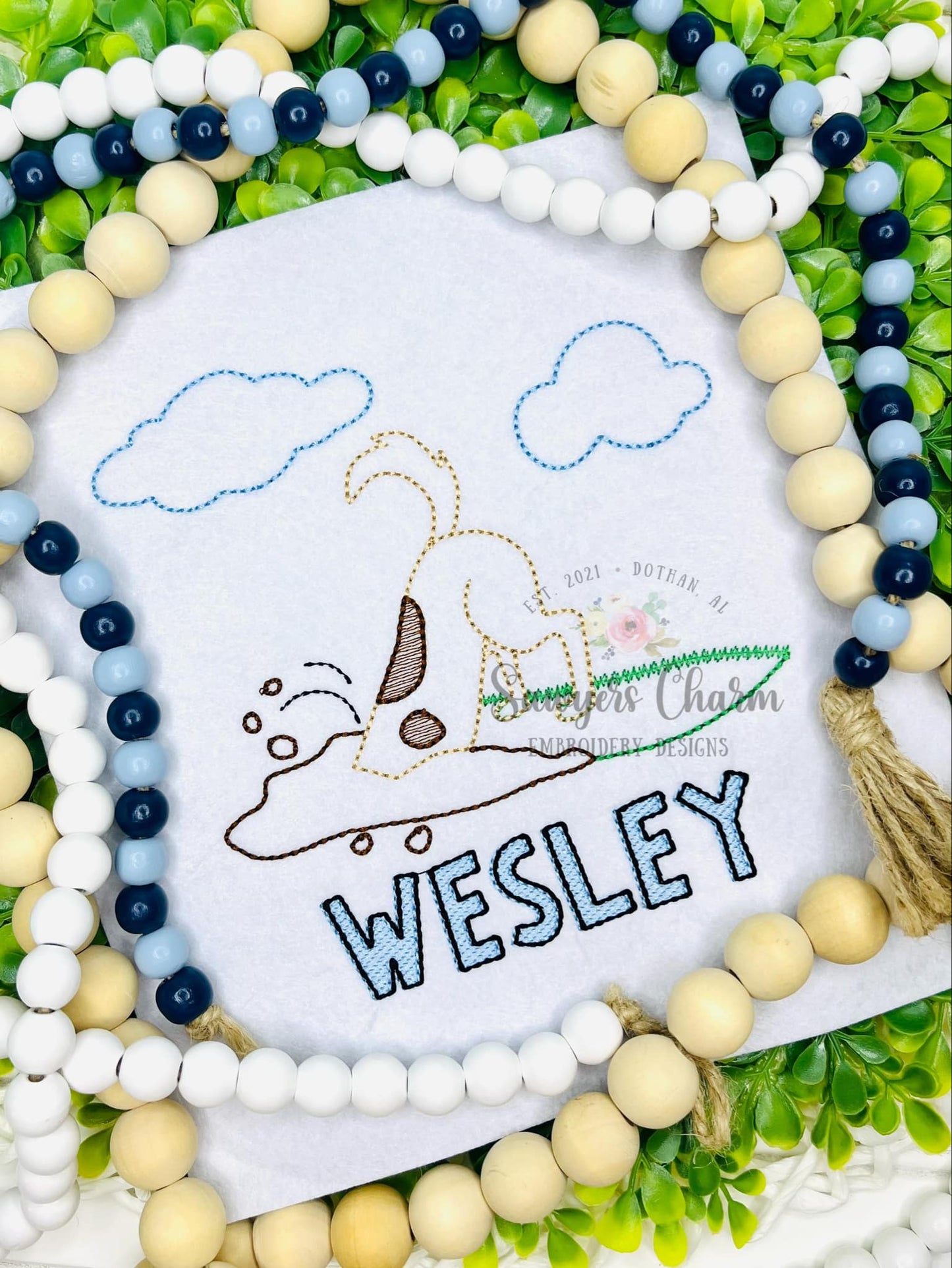 Puppy dog digging in dirt/grass vintage outline bean stitch machine embroidery design BUNDLE, includes version with/without flowers & bow