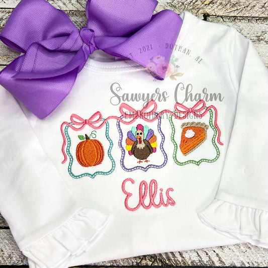 Coquette Bows Thanksgiving frames trio satin stitch machine embroidery design, pumpkin, turkey, pie mini fill, gobble, happy holidays