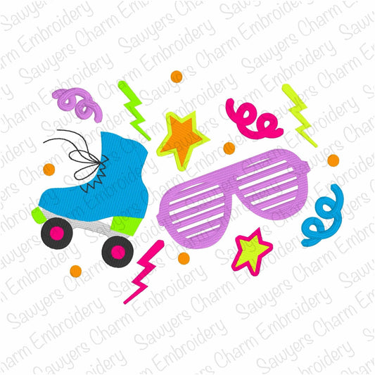 80's roller skate, sunglasses machine embroidery design, fill stitch, retro lightning bolts & stars