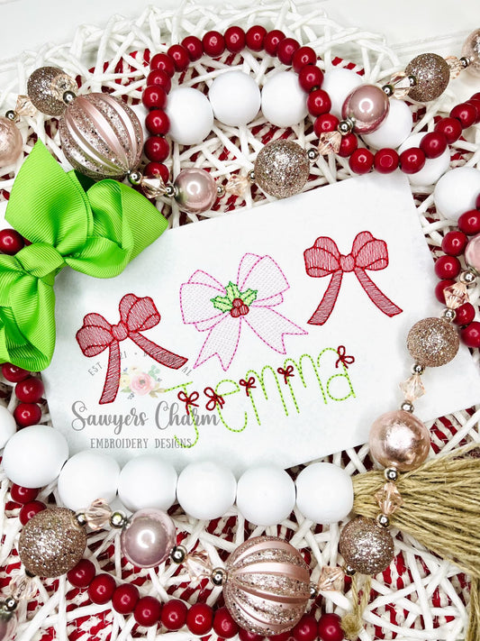 Coquette bows trio with holly berries sketch stitch machine embroidery design file, quick stitch, happy holidays, Merry Christmas, girl
