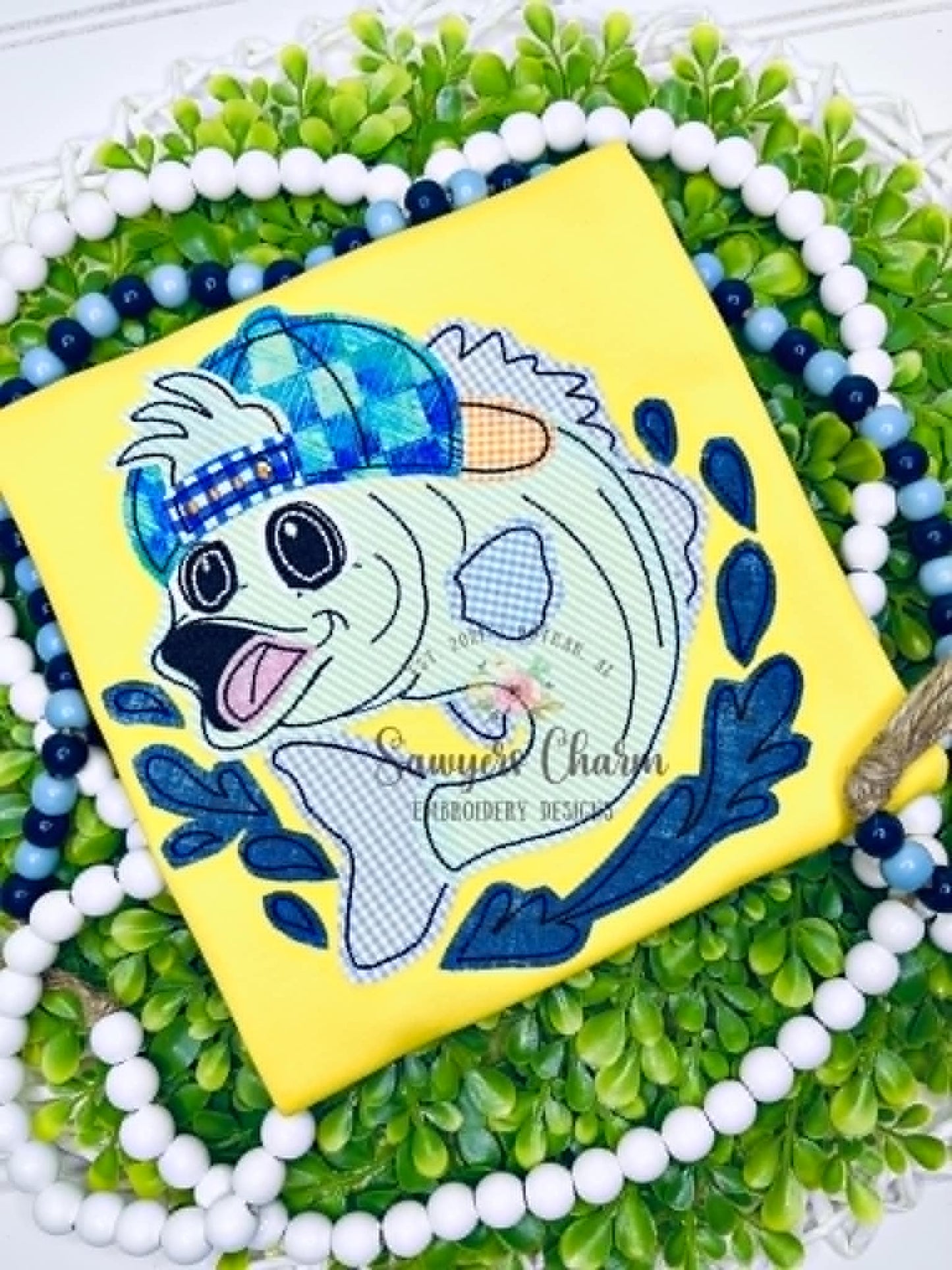 Bass fish bean stitch applique, embroidery design, ballcap/hat, summer fishing, lots of sizes included
