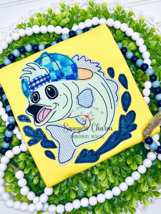 Bass fish bean stitch applique, embroidery design, ballcap/hat, summer fishing, lots of sizes included