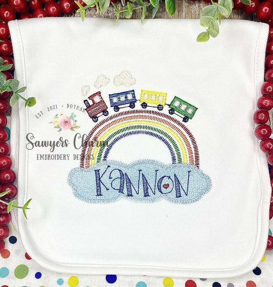Train locomotive rainbow, sketch stitch machine embroidery design, cloud zig zag applique name plate/monogram frame