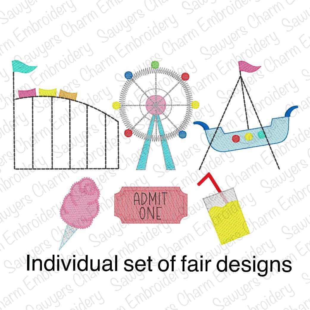 BUNDLE of individual fair rides & food sketch stitch machine embroidery design files, roller coaster, ferris wheel, roller coaster, lemonade