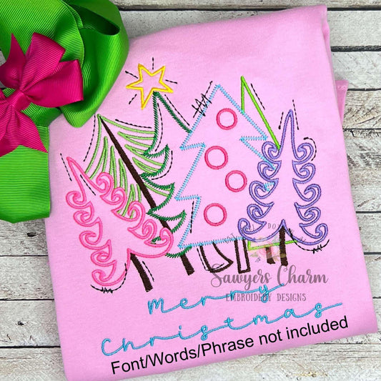 Whimsical, modern, woodland trees with star outline satin/zigzag stitch machine embroidery design, happy holidays, Merry Christmas, coquette