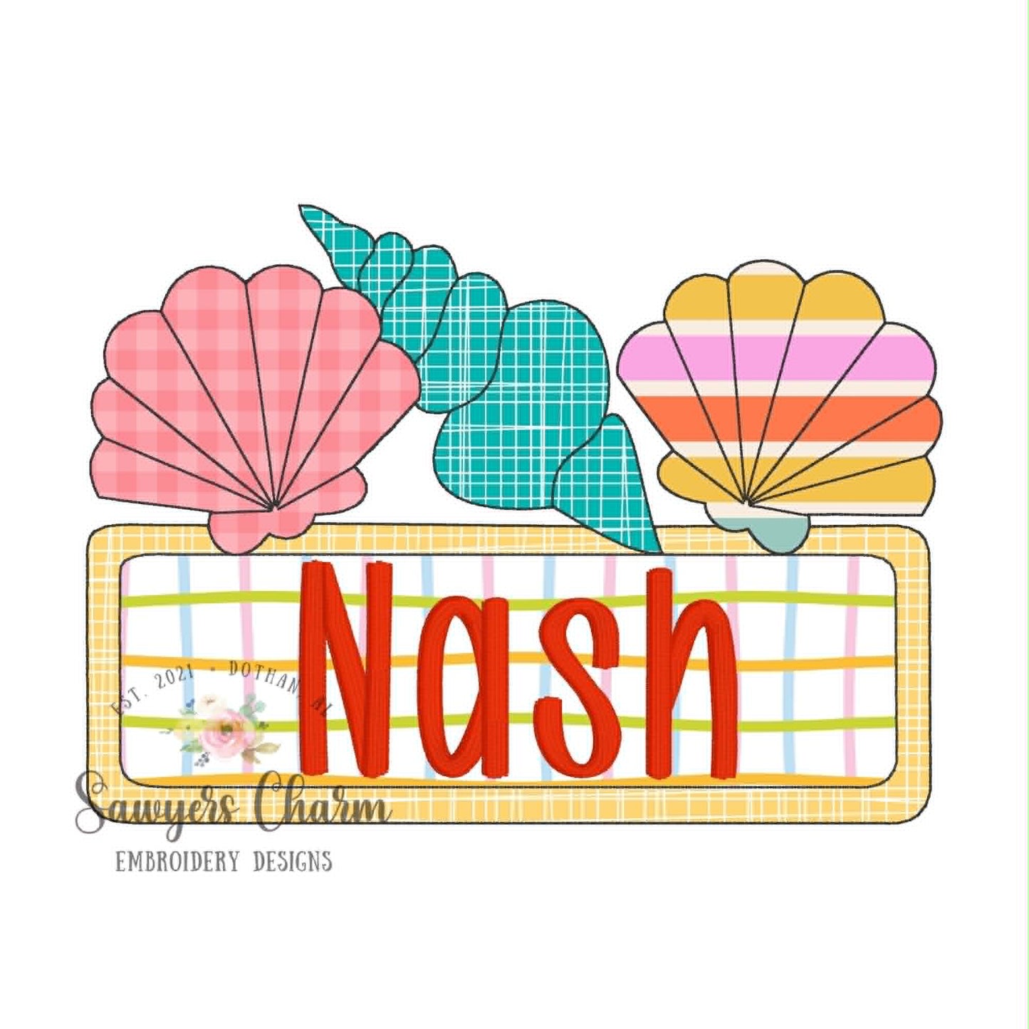 Seashells trio with name plate bean stitch applique BUNDLE, with/without coquette bow, beach summer