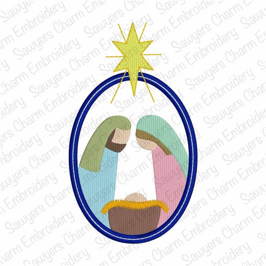 Nativity scene in oval frame with bethlehem star, fill stitch machine embroidery design, happy holidays, Merry Christmas, Baby Jesus