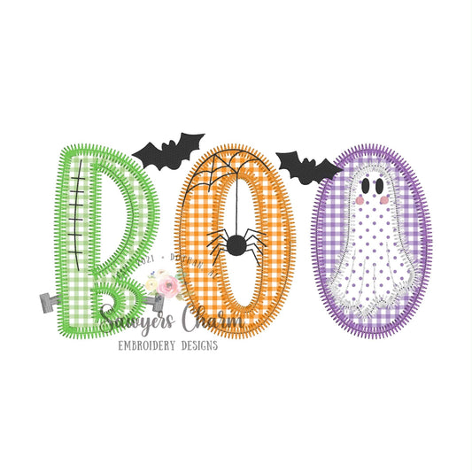 BOO Halloween applique design, zig zag stitch embroidery design BUNDLE, with/without bow, spiderweb, ghost, and Frankenstein